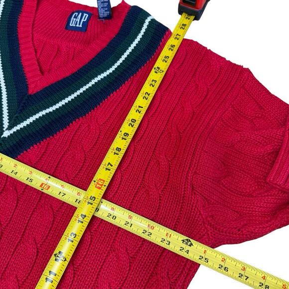 Vtg 90s Gap Vneck Cableknit Red Sweater Preppy Prep Academia L Criquet Old Money - Picture 5 of 6